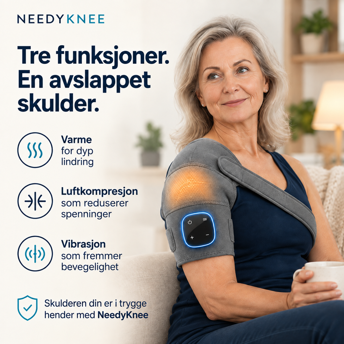 NeedyKnee AxelKomfort™ – 3-i-1 skuldermassasje med varme, kompresjon og vibrasjon